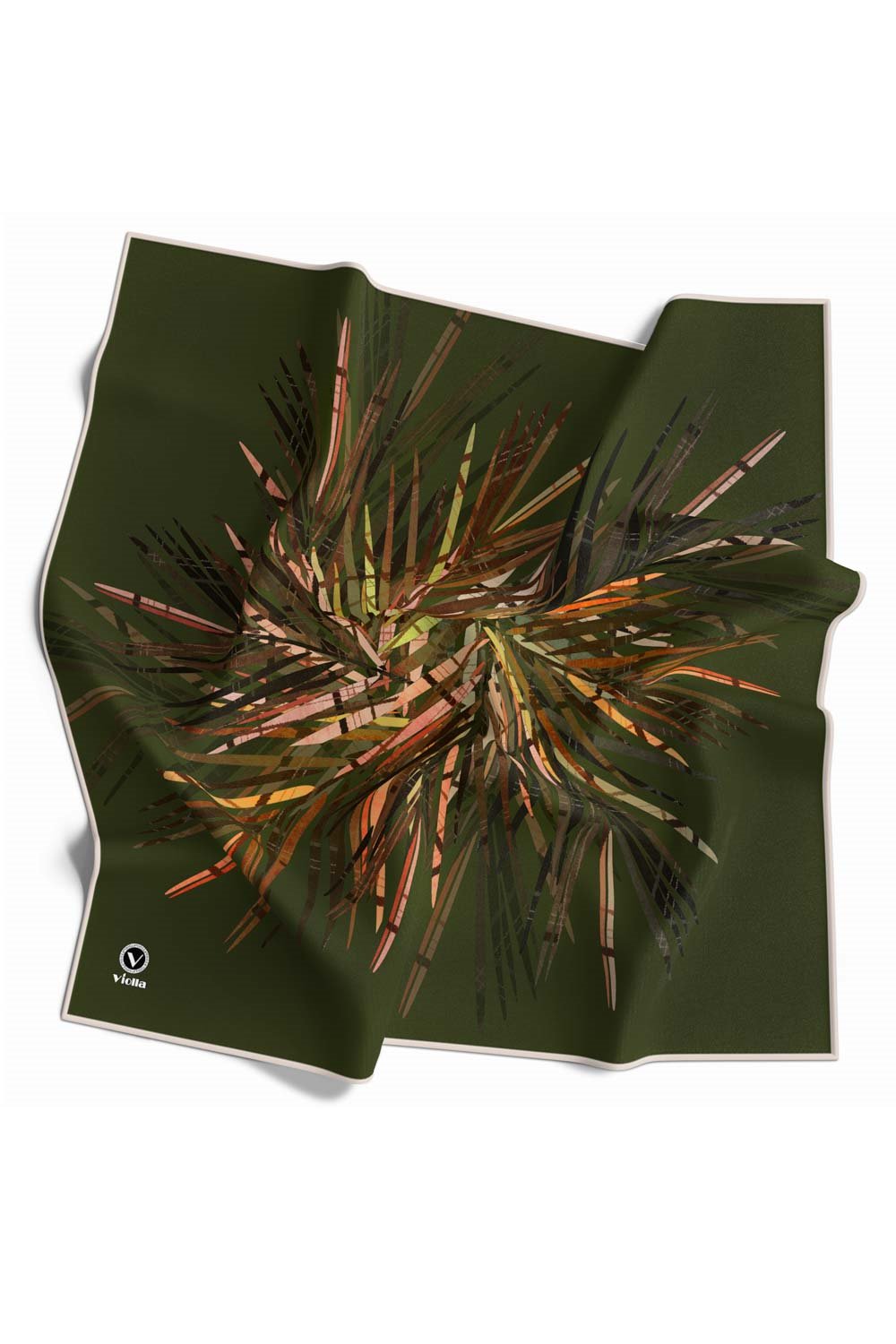 Twill Havai Fişek Desenli Haki Renkli 90x90 Eşarp (İpek İçermez) Kenar Dikiş Şekli El Dikişli