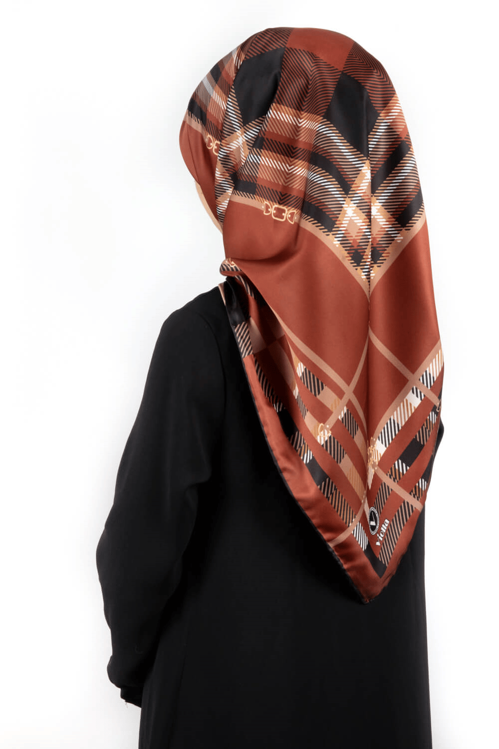 Twill Kemerli ve Ekose Desenli Taba Renkli 90x90 Eşarp (İpek İçermez)Kenar Dikiş Şekli El Dikişli