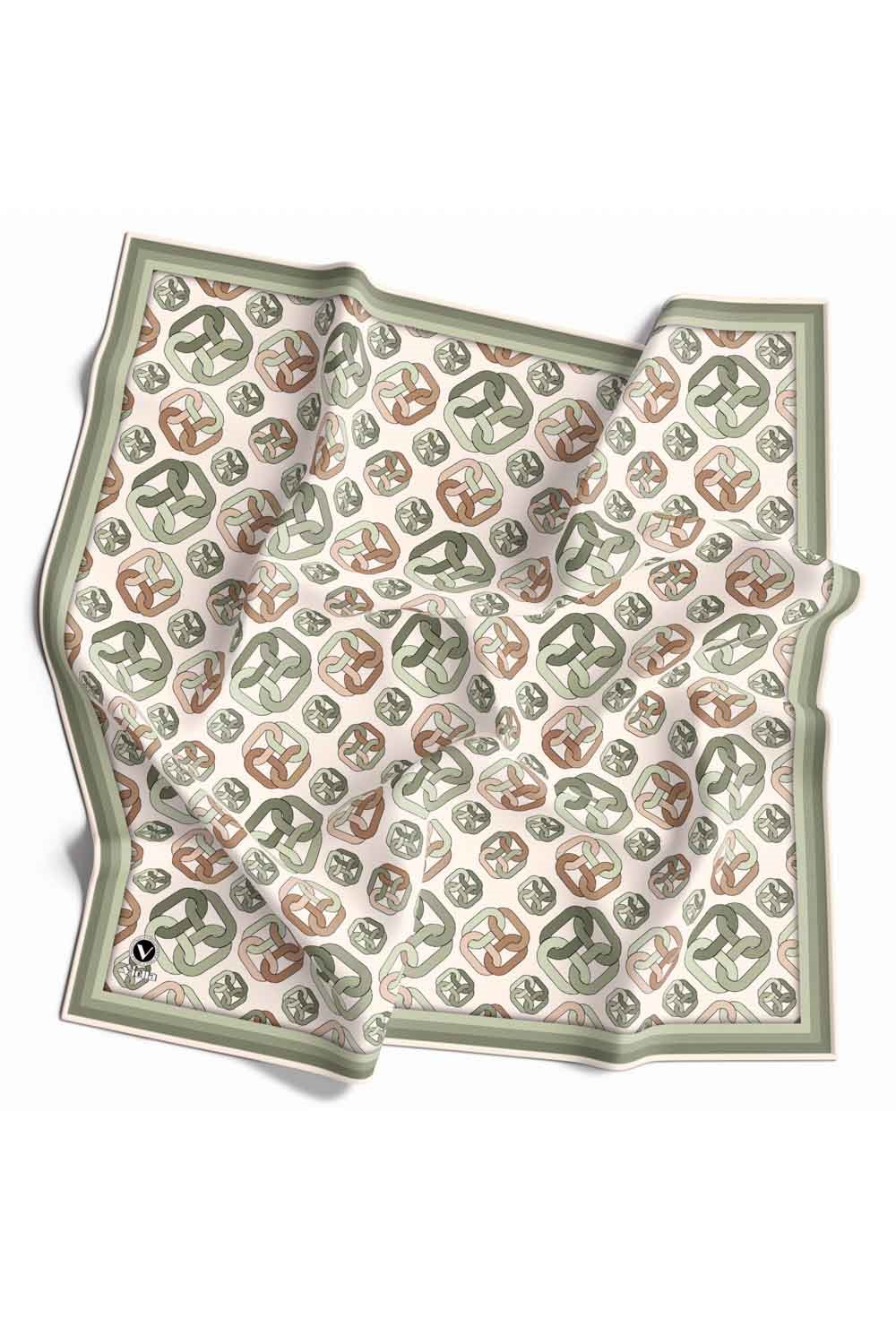 Kristal Zincir Motif Desenli Haki Renkli 90x90 Eşarp (İpek İçermez) Kenar Dikiş Şekli El Dikişli