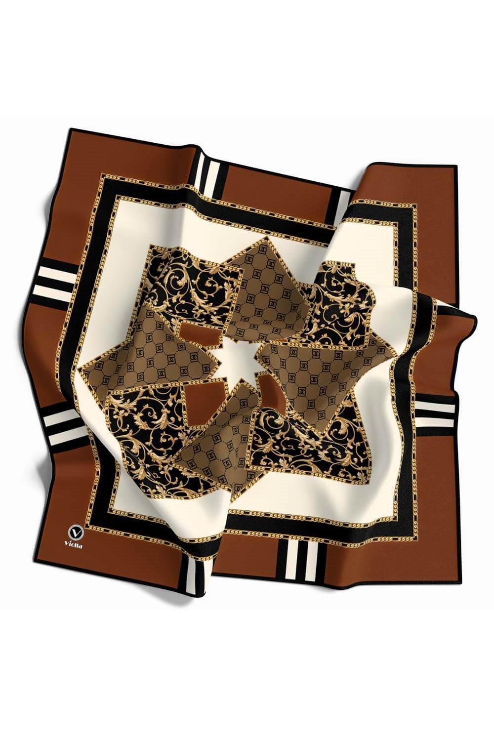 Kristal Ekoseli Gold Desenli Taba - Bej Renkli 90x90 Eşarp (İpek İçermez) Kenar Dikiş Şekli El Dikişli