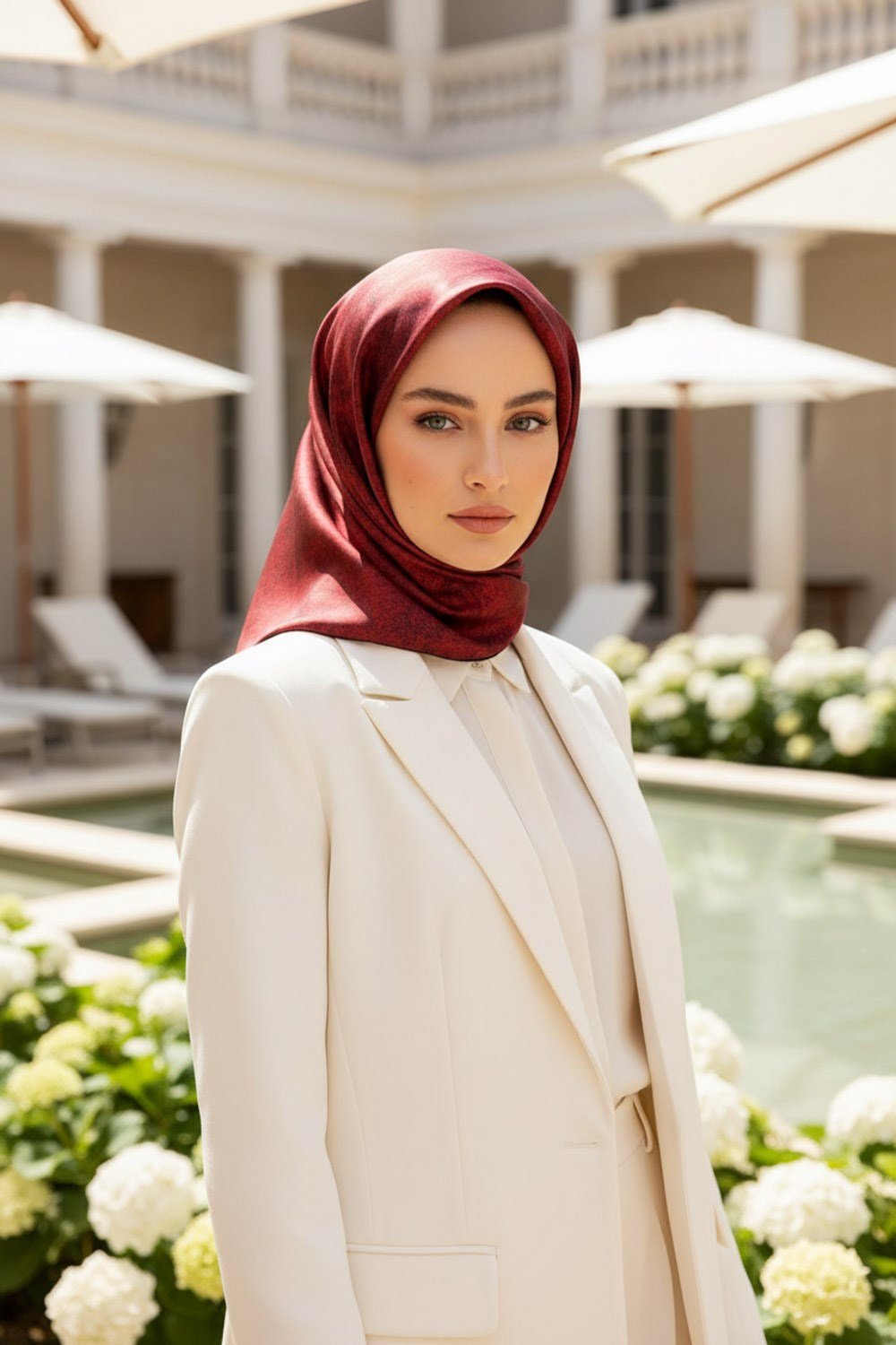 % 57 İPEK % 43 VİSKON Twill İpek Doku Desenli Bordo Renkli 90x90 Eşarp Dikim Şekli : El Dikişi
