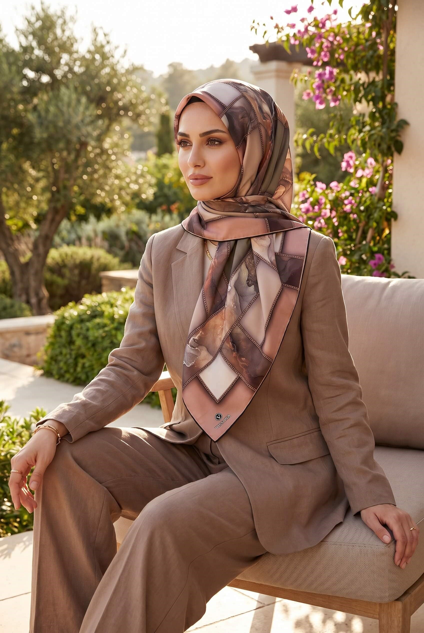 %100 Twill İpek Efektli Bant Desenli Bakır - Bej Renkli 90x90 Eşarp Dikim Şekli : El Dikişi