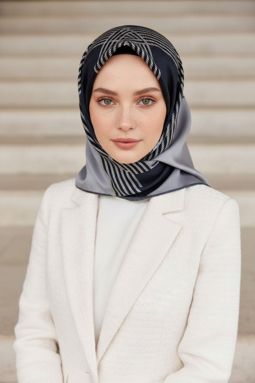 %100 Twill İpek Geometrik Desenli İndigo Renkli 90x90 Eşarp Dikim Şekli : El Dikişi