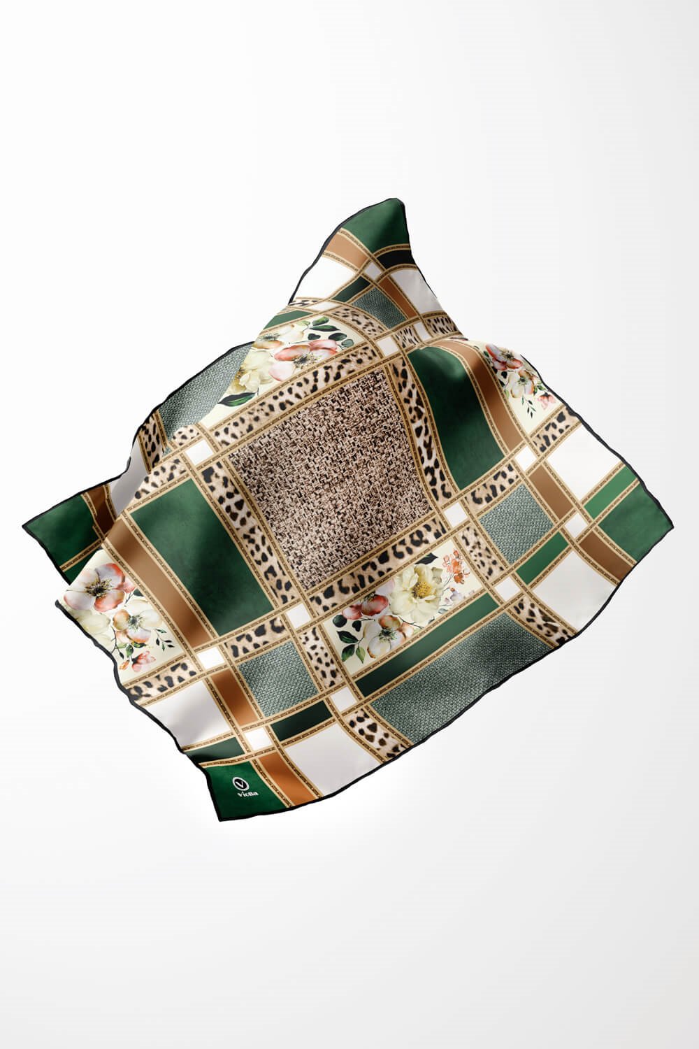 Twill Leopar ve Çiçek Desenli Zümrüt Yeşili - Bej Renkli 90x90 Eşarp (İpek İçermez) Dikim Şekli : El Dikişi