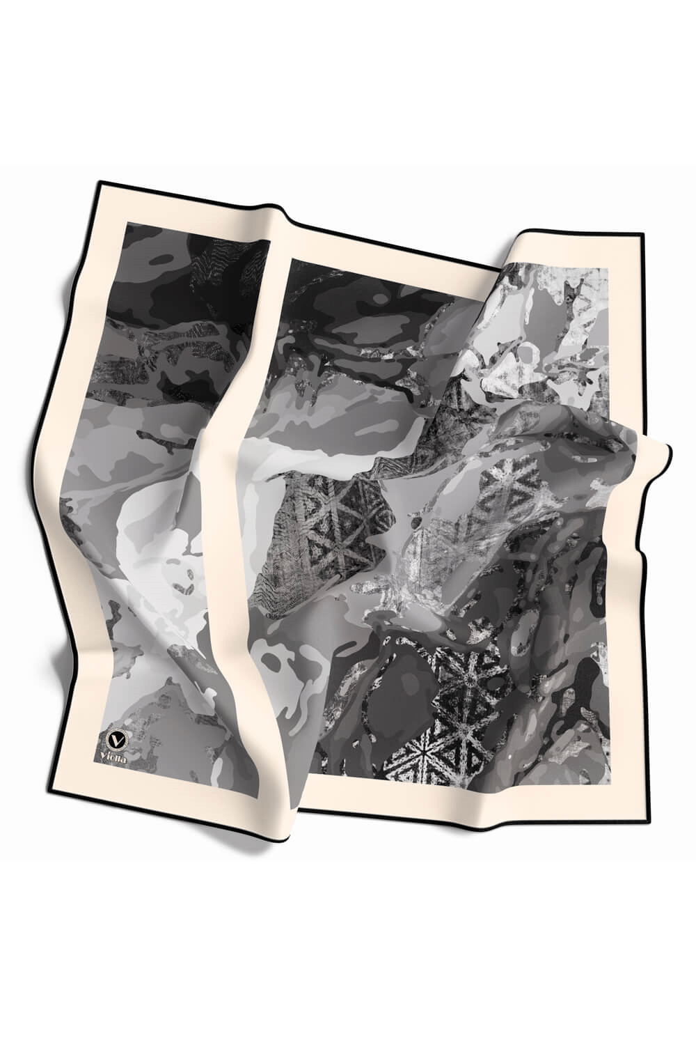 Twill Etnik ve Batik Desenli Gri Renkli 90x90 Eşarp (İpek İçermez) Dikim Şekli : El Dikişi