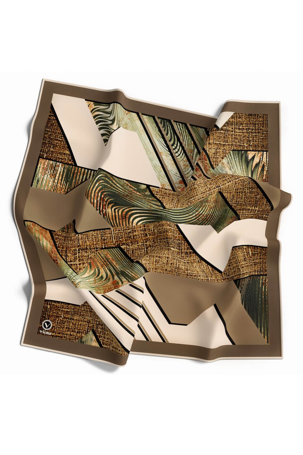 Twill Dalgalı Geometrik Desenli Bej Renkli 90x90 Eşarp (İpek İçermez) Kenar Dikiş Şekli El Dikişli