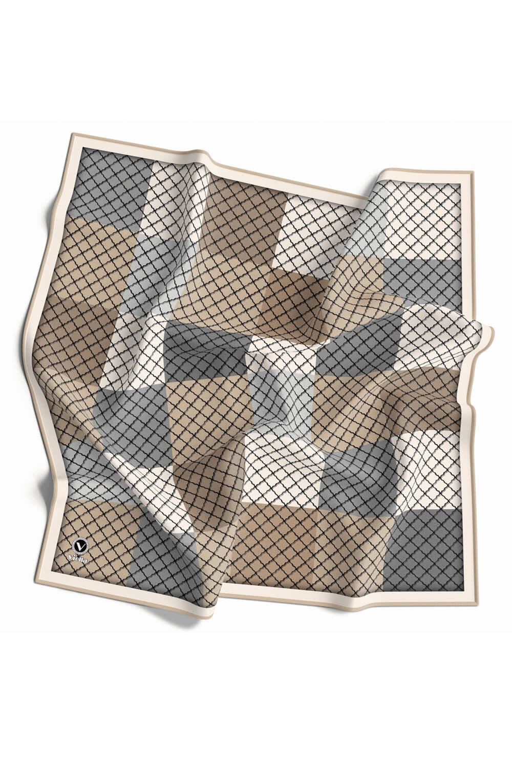 Twill Kare Desenli Bej Renkli 90x90 Eşarp (İpek İçermez) Kenar Dikiş Şekli El Dikişli