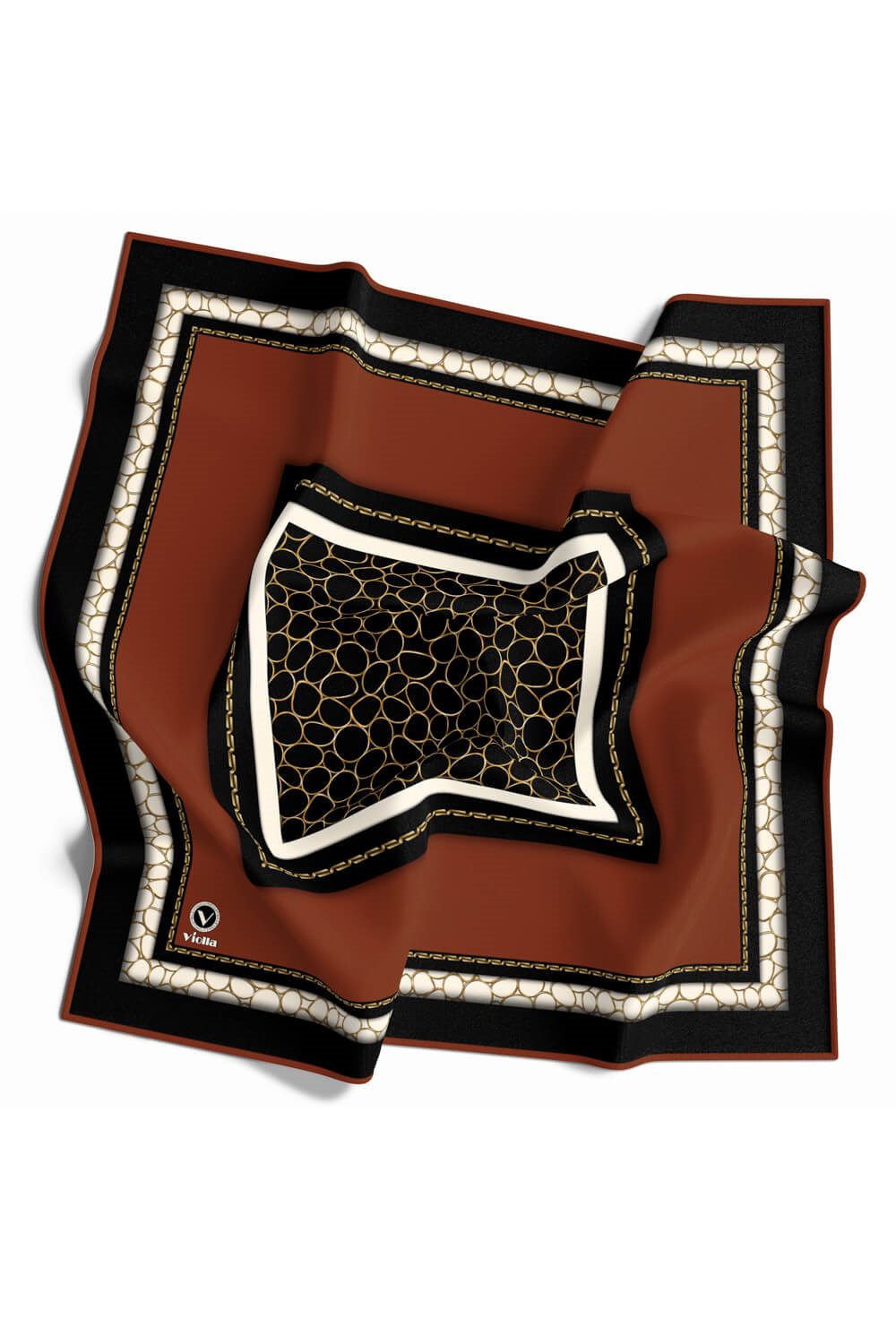 Twill Zincir Desenli Taba Renkli 90x90 Eşarp (İpek İçermez) Kenar Dikiş Şekli El Dikişli