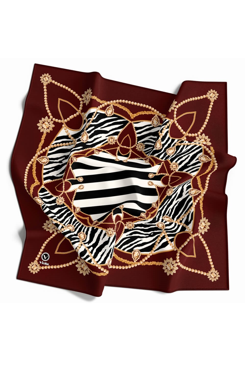 Twill Gold Detaylı Zebra Desenli Bordo Renkli 90x90 Eşarp (İpek İçermez) Kenar Dikiş Şekli El Dikişli