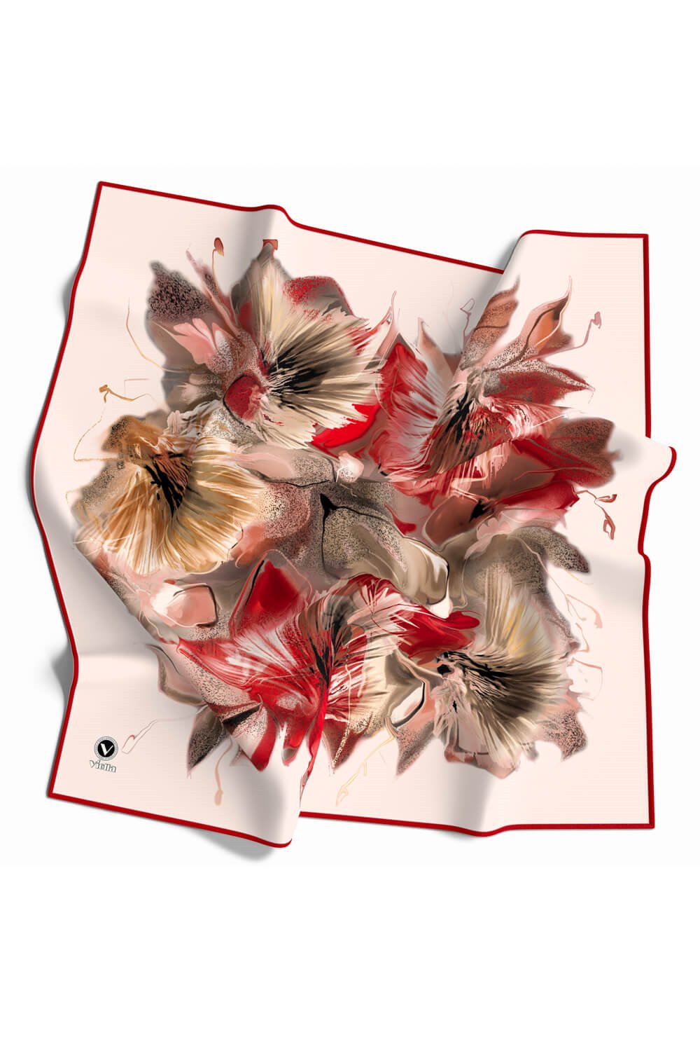Twill Çiçek Desenli Bordo - Bej Renkli 90x90 Eşarp (İpek İçermez) Kenar Dikiş Şekli El Dikişli