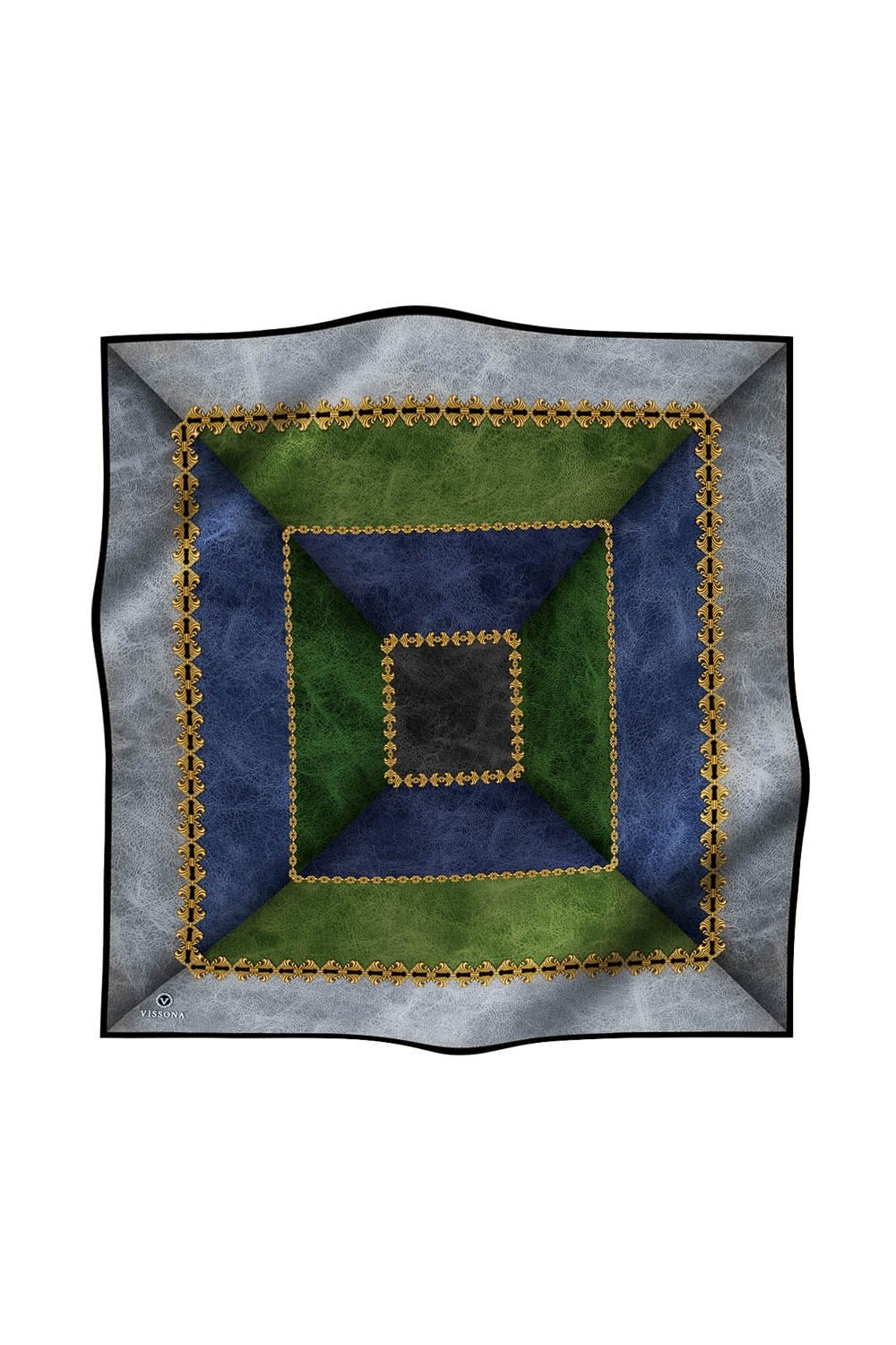 %100 Twill İpek Geometrik Desenli İndigo - Zümrüt Yeşili Renkli 90x90 Eşarp Dikim Şekli : El Dikişi