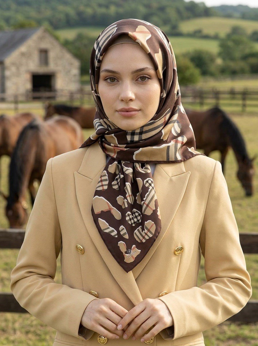 %100 Twill İpek Leopar Desenli Kahverengi - Bej Renkli 90x90 Eşarp Dikim Şekli : El Dikişi