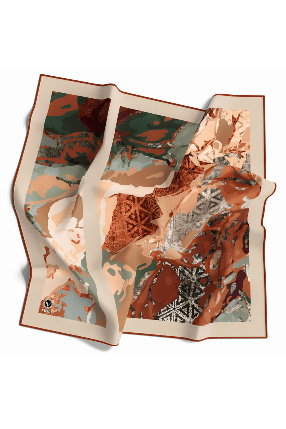 Kristal Batikli Ve Etnik Desenli Taba Renkli 90x90 Eşarp (İpek İçermez) Kenar Dikiş Şekli El Dikişli