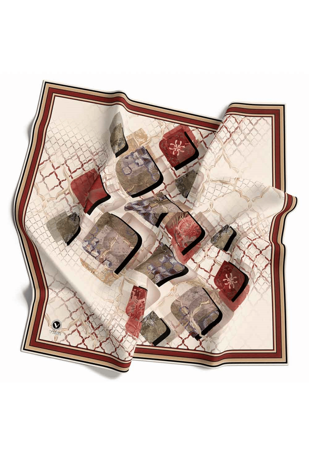 Kristal Geometrik Taş Desenli Krem - Bordo Renkli 90x90 Eşarp (İpek İçermez) Dikim Şekli : El Dikişi