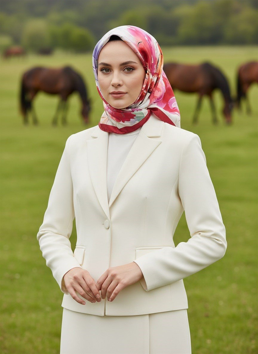 %100 Twill İpek Sulu Boya Çiçek Desenli Kırmızı - Fuşya Renkli 90x90 Eşarp Dikim Şekli : El Dikişi