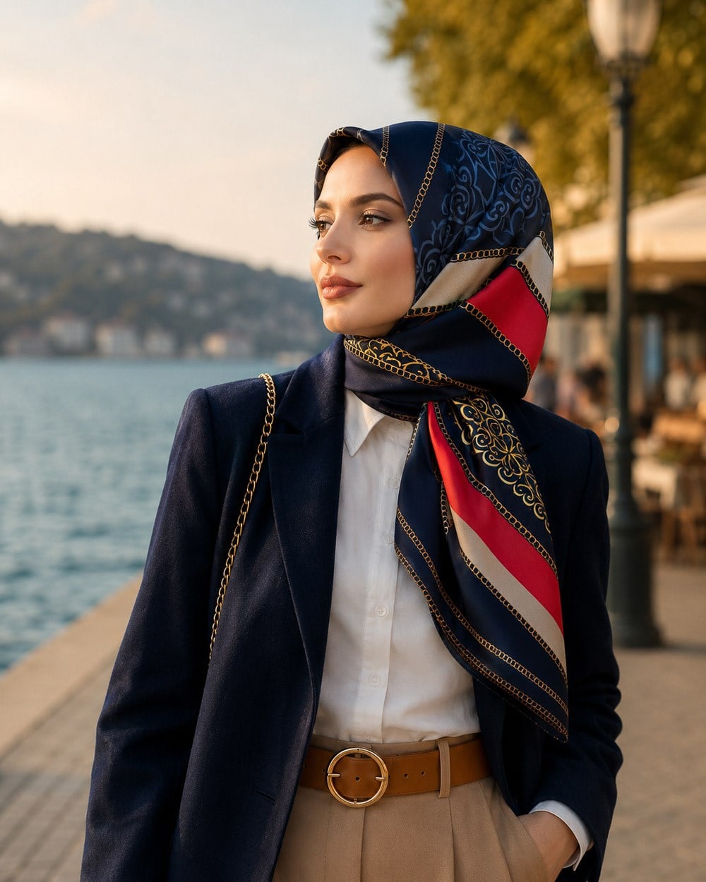 %100 Twill İpek Zincirli Ve Etnik Desenli Kırmızı - Lacivert Renkli 90x90 Eşarp Dikim Şekli : El Dikişi