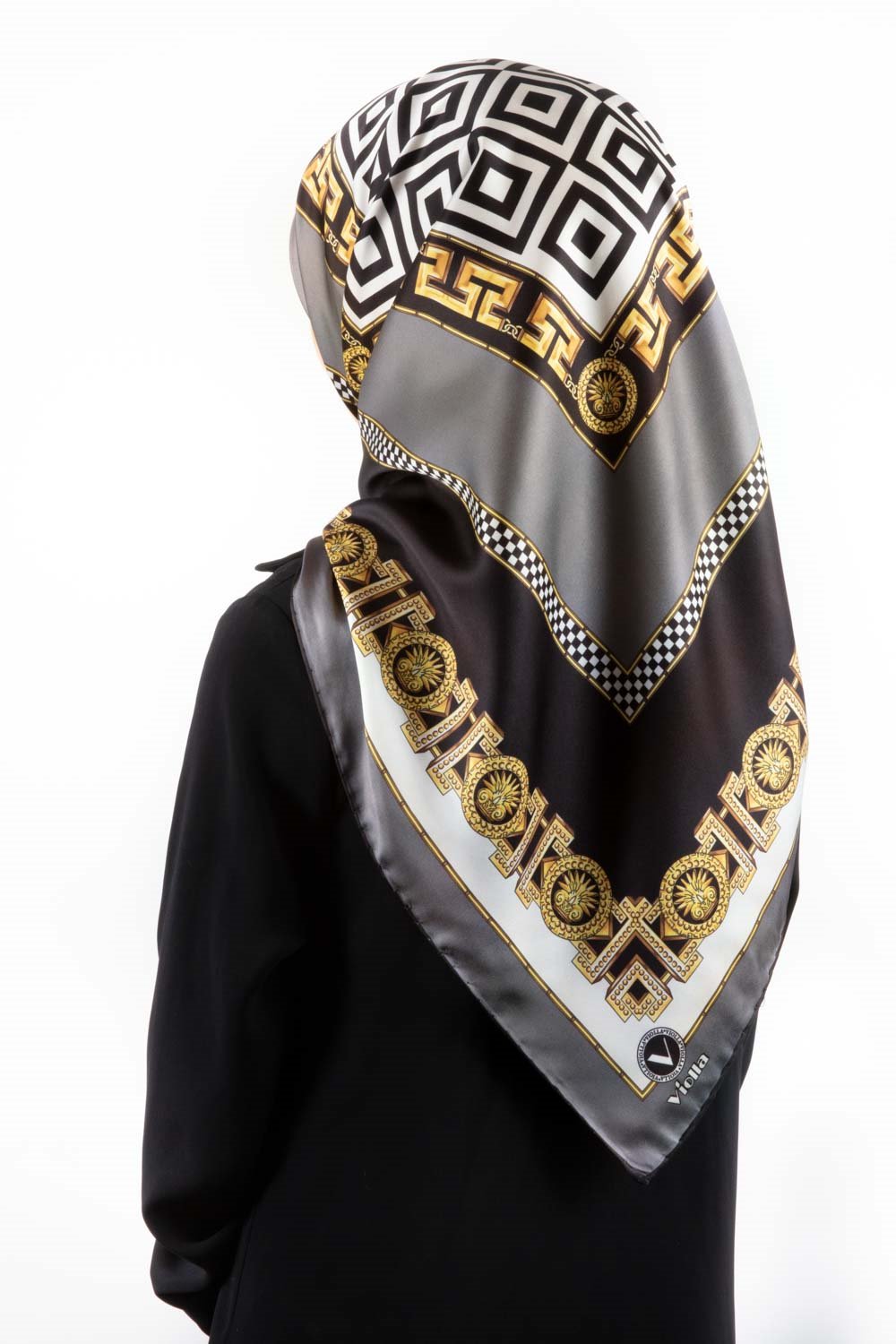 Twill Çizgili Barok Desenli Gri Renkli 90x90 Eşarp (İpek İçermez) Kenar Dikiş Şekli El Dikişli