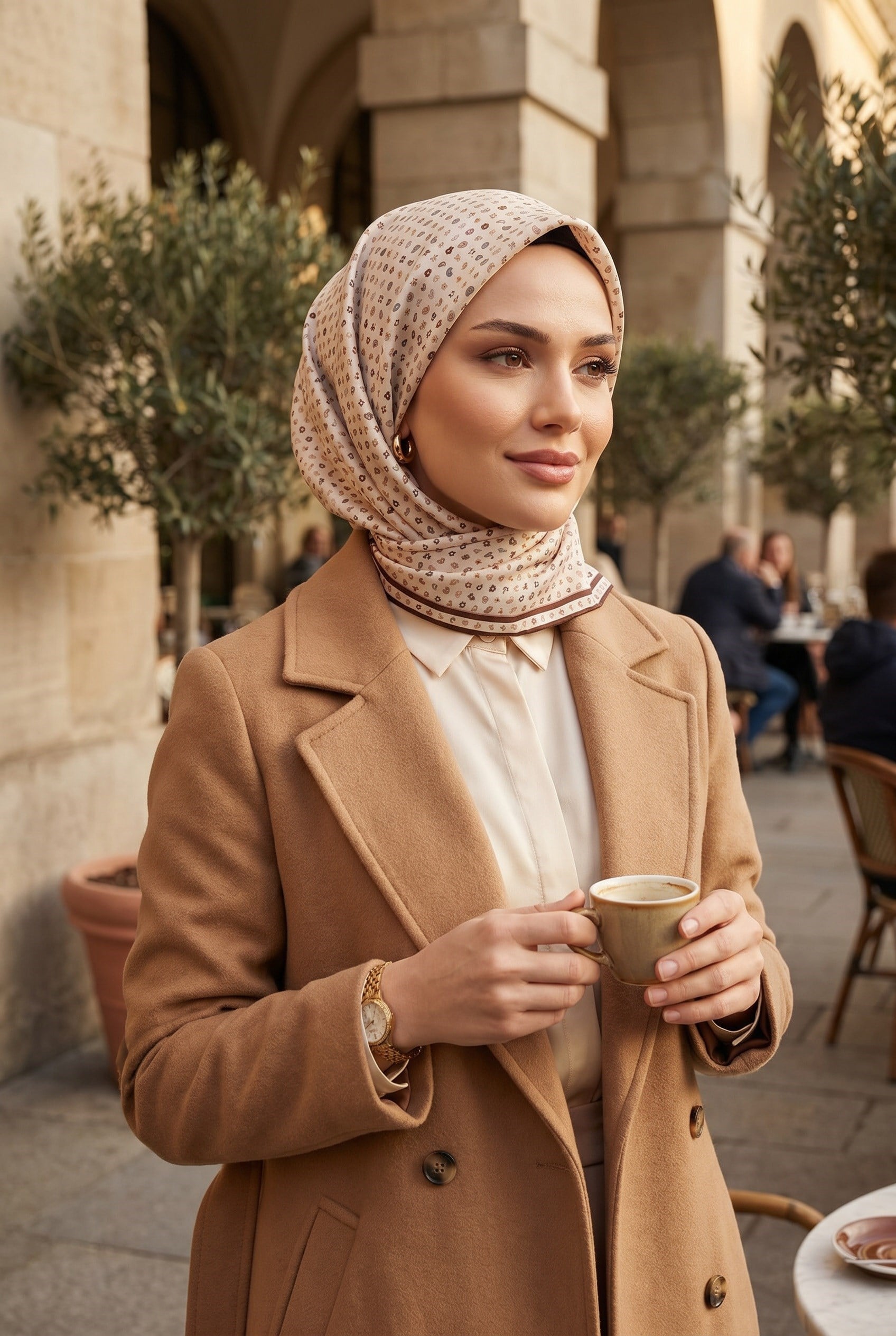 %100 Twill İpek Çıtır Desenli Krem - Kahverengi Renkli 90x90 Eşarp Dikim Şekli : El Dikişi