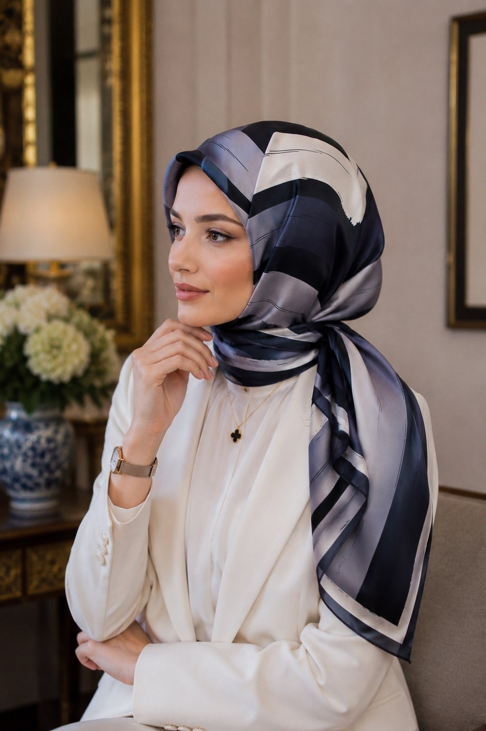 %57 İPEK %43 VİSKON Twill İpek Geometrik Fırça İzi Desenli Siyah - Gri Renkli 90x90 Eşarp Dikim Şekli : El Dikişi