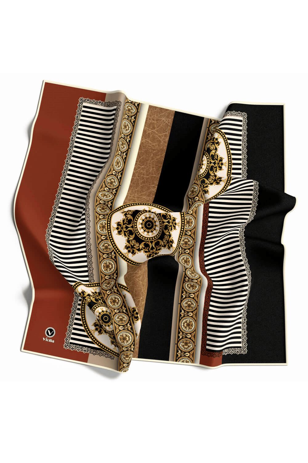 Twill Çizgili ve Barok Desenli Taba Renkli 90x90 Eşarp (İpek İçermez) Kenar Dikiş Şekli El Dikişli