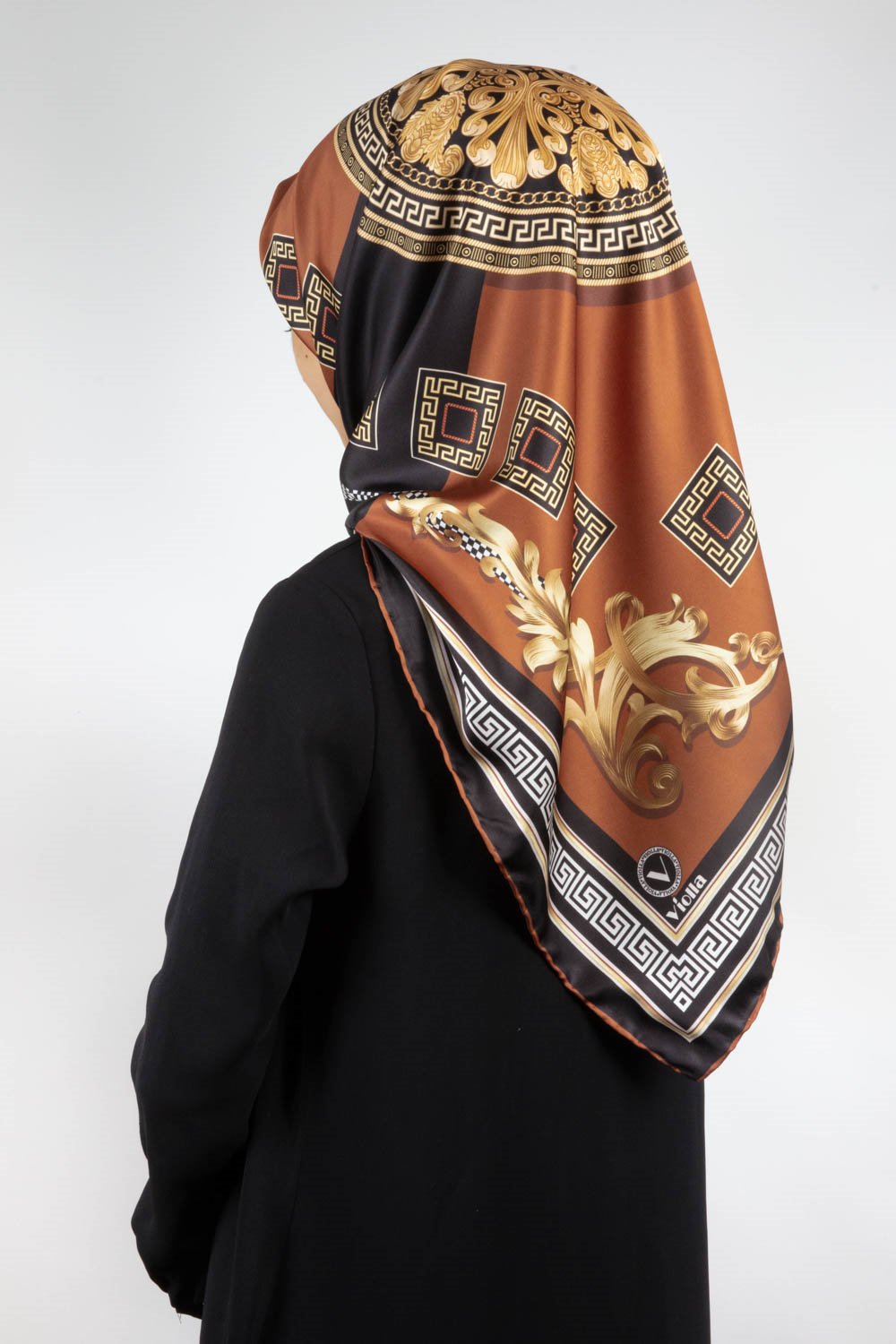 Twill Barok Desenli Taba Renkli 90x90 Eşarp (İpek İçermez) Kenar Dikiş Şekli El Dikişli