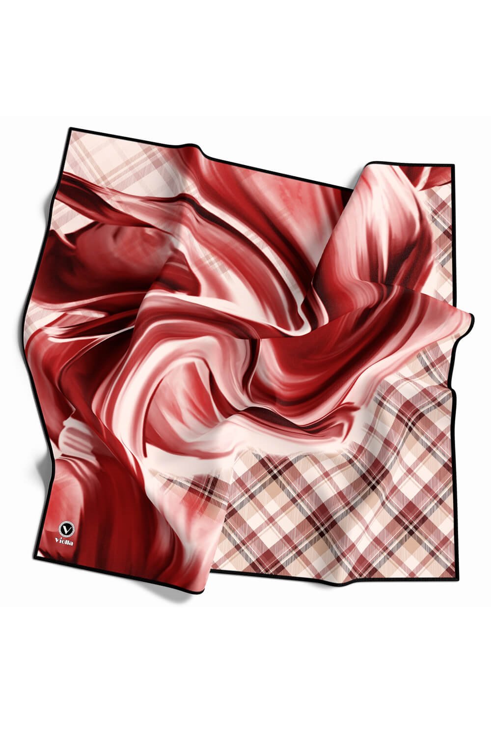 Twill Dalga ve Ekose Desenli Bordo Renkli 90x90 Eşarp (İpek İçermez)Kenar Dikiş Şekli El Dikişli