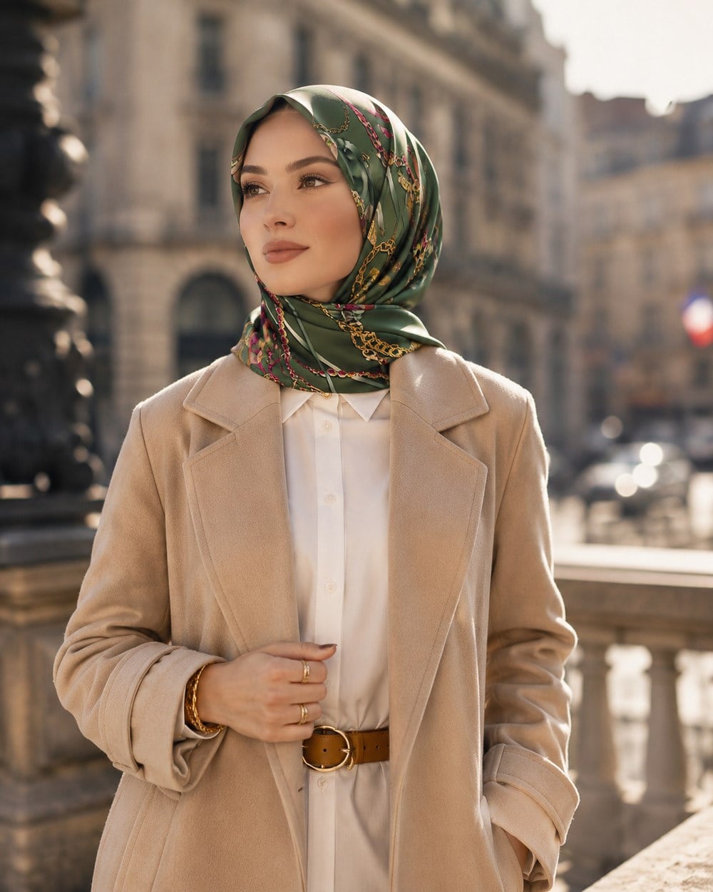 %100 Twill İpek Kurdele Ve Zincir Desenli Haki - Fuşya Renkli 90x90 Eşarp Dikim Şekli : El Dikişi