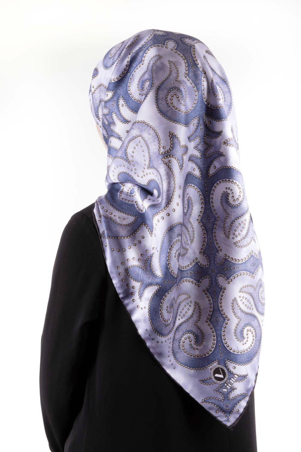 Twill Barok Desenli İndigo Renkli 90x90 Eşarp (İpek İçermez) Kenar Dikiş Şekli El Dikişli