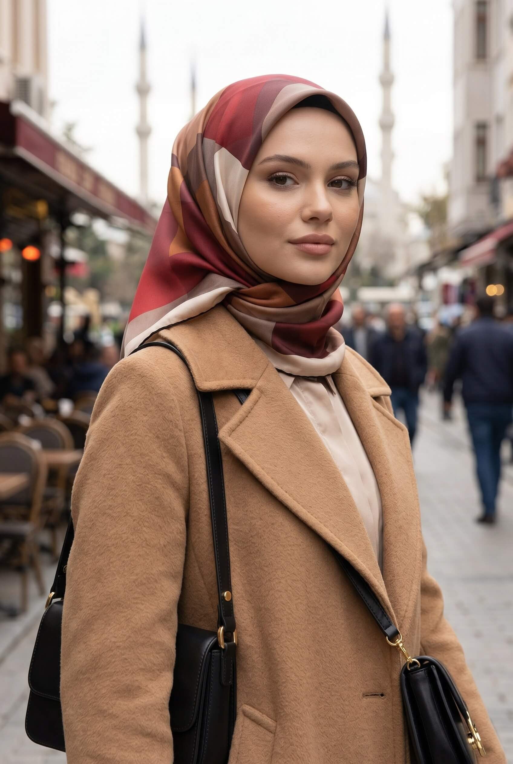 %100 Twill İpek Geometrik Desenli Bej - Kırmızı Renkli 90x90 Eşarp Dikim Şekli : El Dikişi