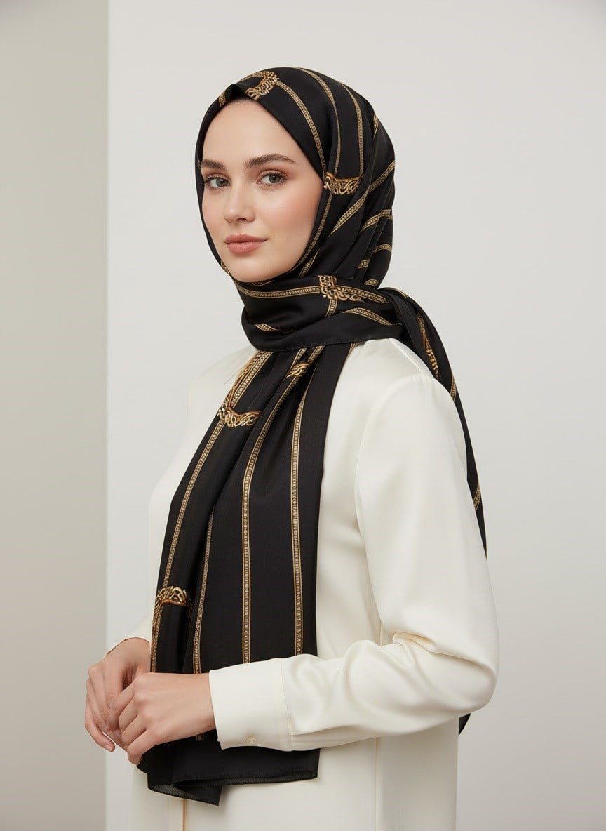 100% İPEK KEMER DESENLİ SİYAH - GOLD RENKLİ ŞAL