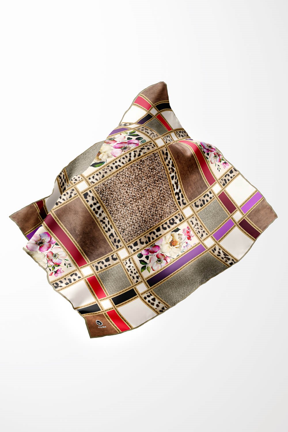 Twill Leopar ve Çiçek Desenli Vizon - Pembe Renkli 90x90 Eşarp (İpek İçermez) Dikim Şekli : El Dikişi