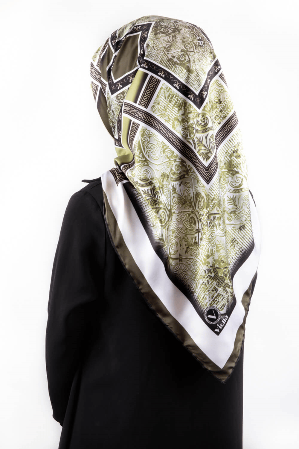 Twill Geometrik Desenli Haki Renkli 90x90 Eşarp (İpek İçermez) Kenar Dikiş Şekli El Dikişli