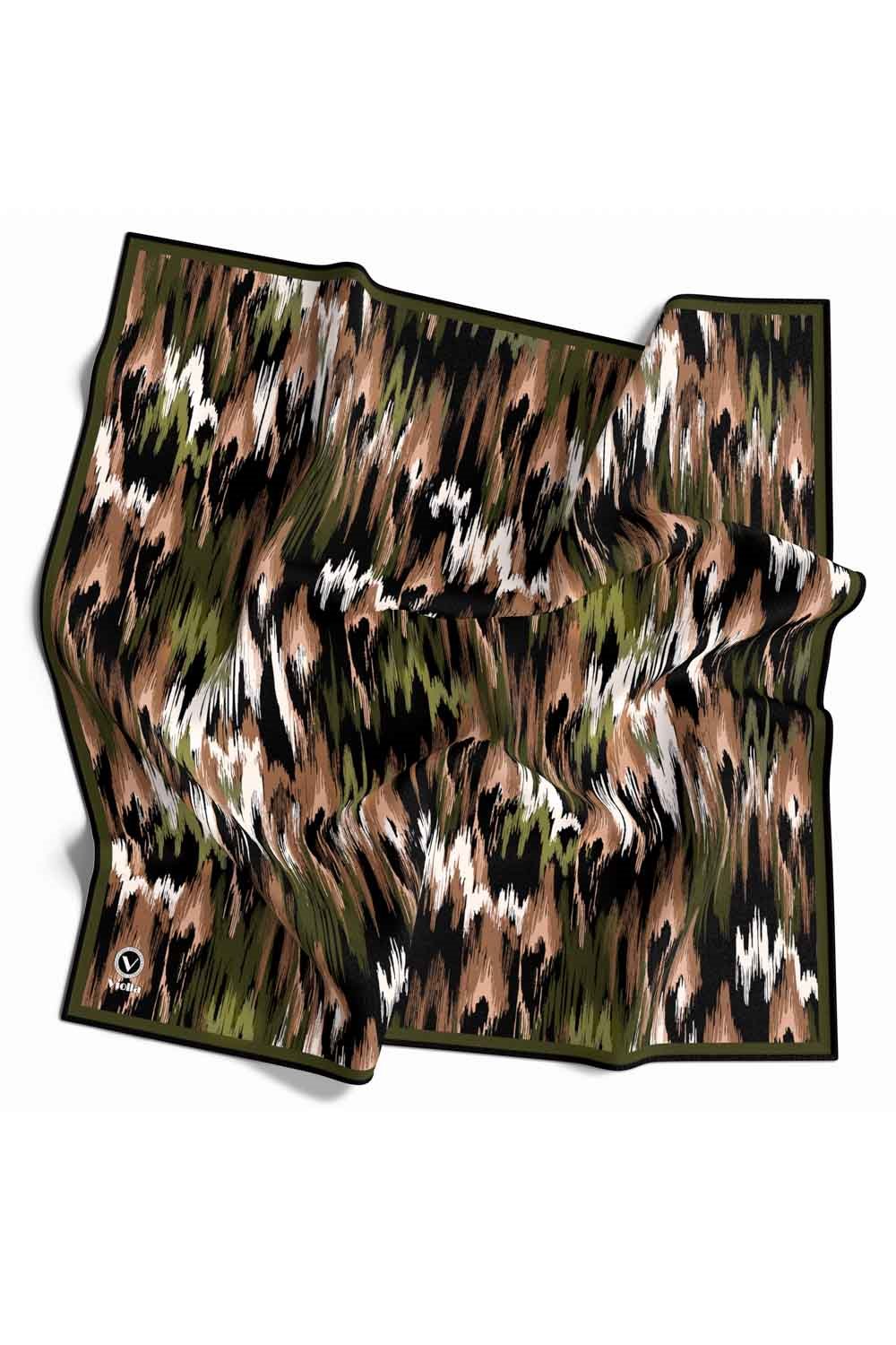 Twill Fırça Desenli Haki Renkli 90x90 Eşarp (İpek İçermez) Kenar Dikiş Şekli El Dikişli