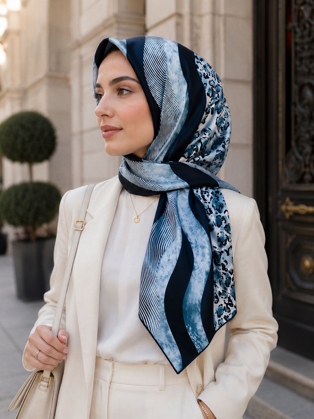 %100 Twill İpek Leopar Ve Geometrik Desenli Petrol Mavisi Renkli 90x90 Eşarp Dikim Şekli : El Dikişi