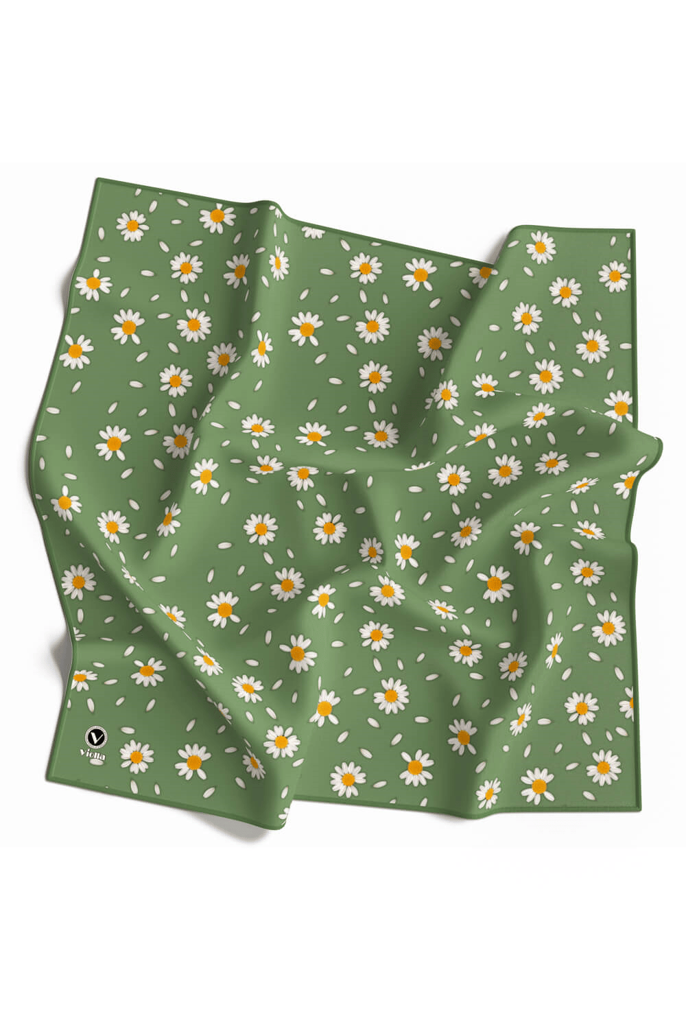 Twill Papatya Desenli Koyu Mint Yeşili Renkli 90x90 Eşarp (İpek İçermez) Kenar Dikiş Şekli El Dikişli