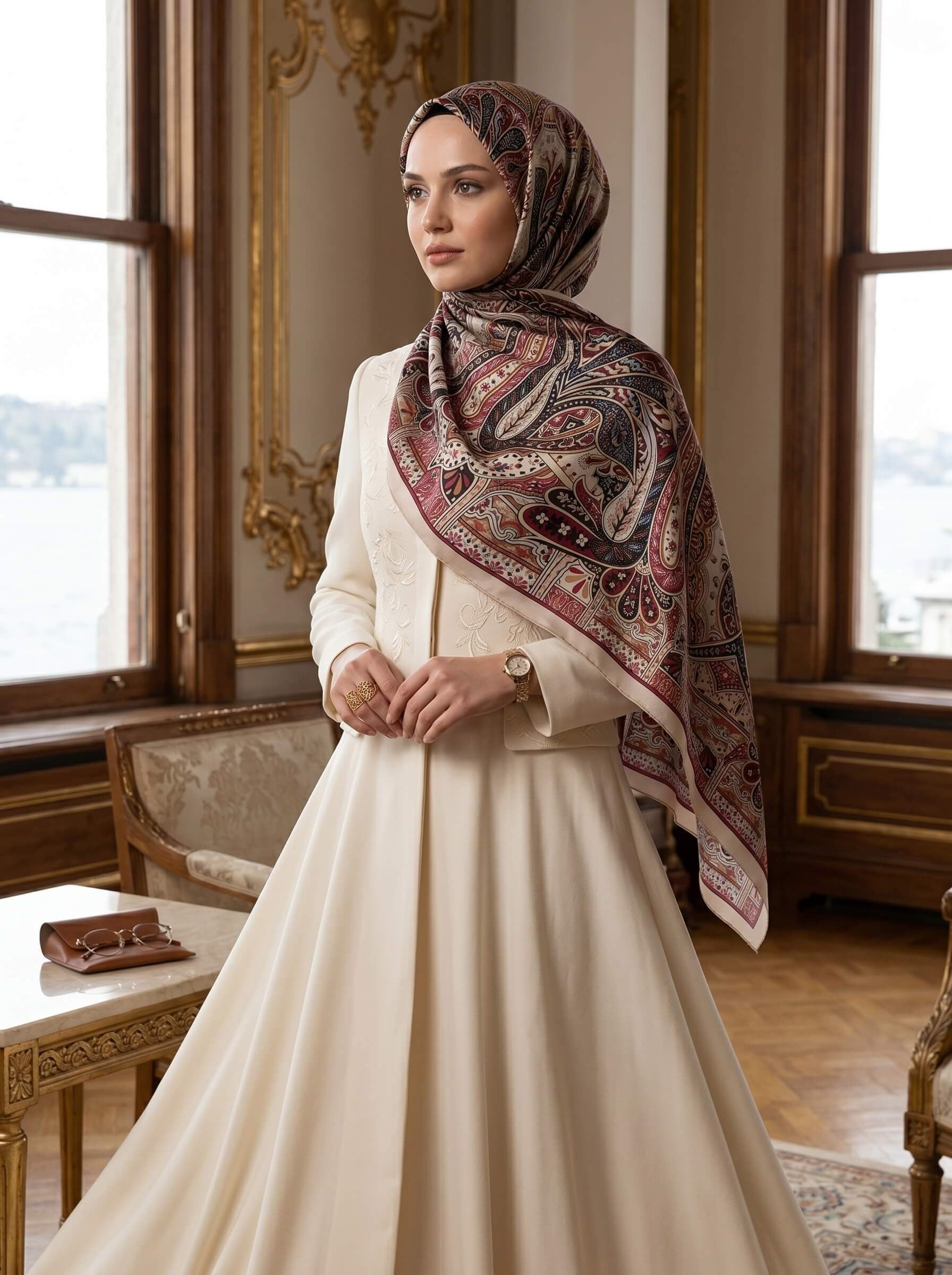 100% İpek Etro Desenli Taş - Bordo Renkli 92x210 Şal