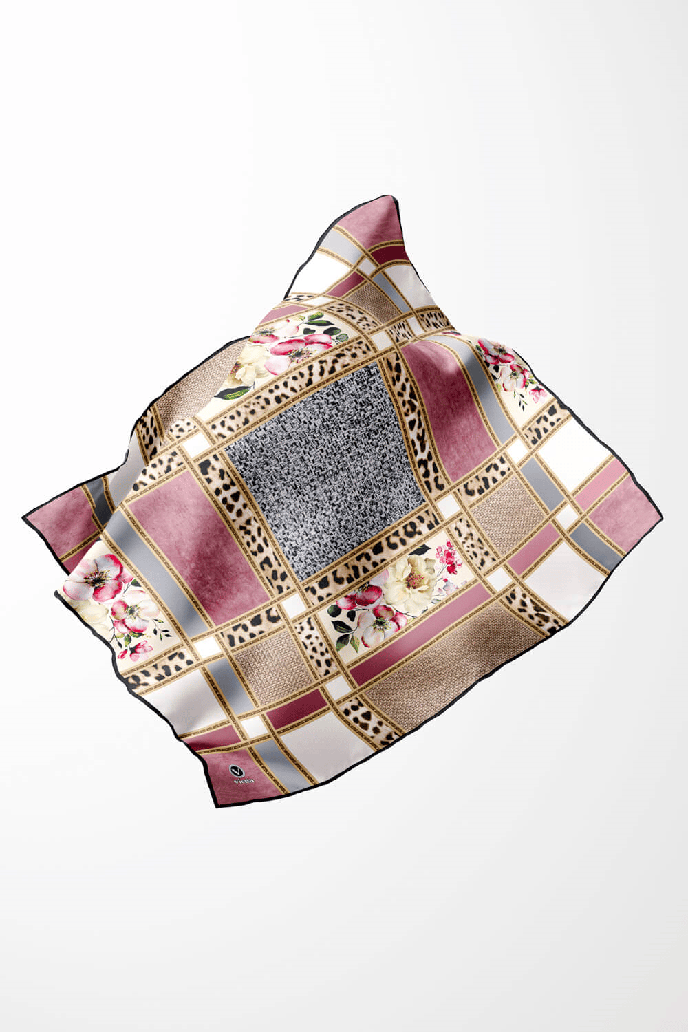 Twill Leopar ve Çiçek Desenli Pudra - Gri Renkli 90x90 Eşarp (İpek İçermez) Dikim Şekli : El Dikişi