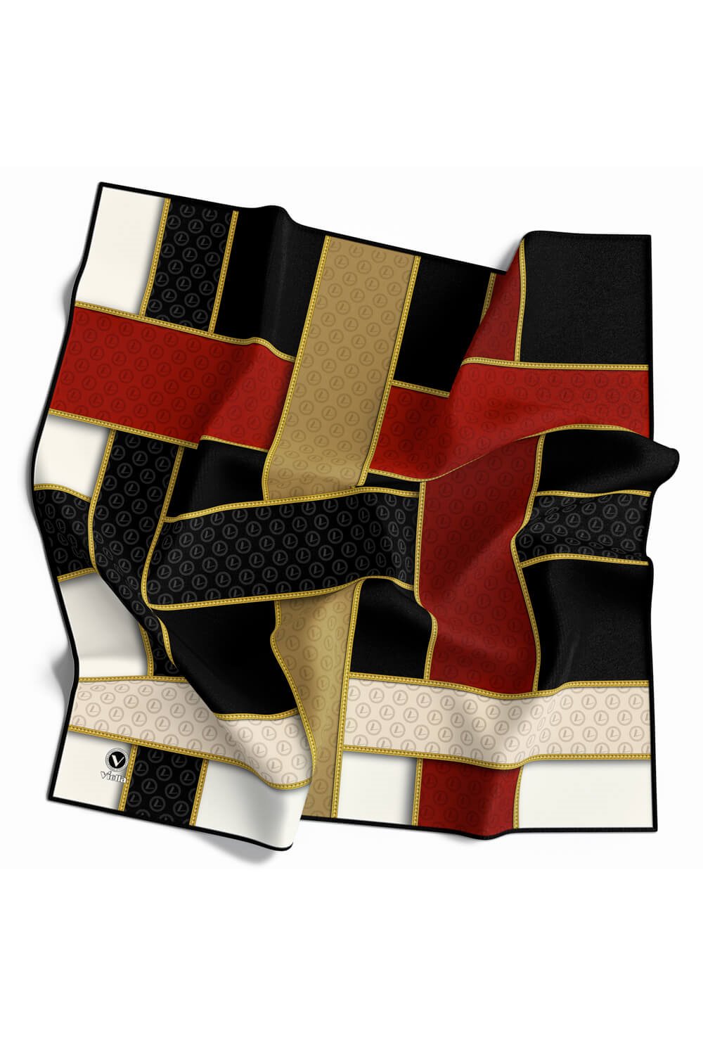 Twill Şeritleri Monogram Desenli Siyah - Bordo Renkli 90x90 Eşarp (İpek İçermez) Dikim Şekli : El Dikişi