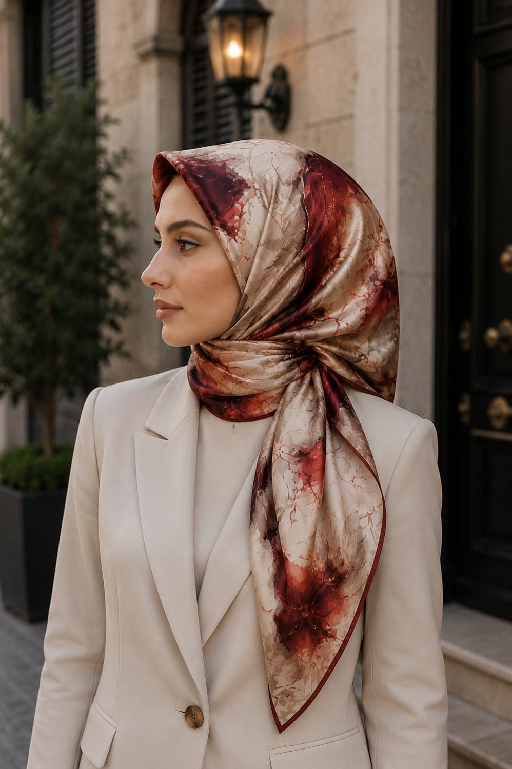 %100 Twill İpek Çiçekli Sulu Boya Dalga Desenli Bej - Taba Renkli 90x90 Eşarp Dikim Şekli : El Dikişi
