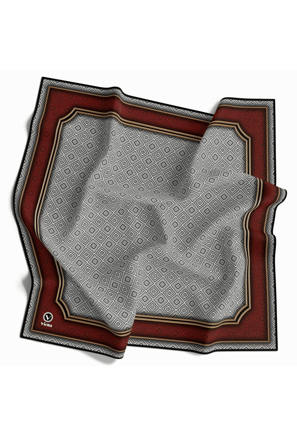 Twill Geometrik Çıtır Desenli Bordo Renkli 90x90 Eşarp (İpek İçermez) Kenar Dikiş Şekli El Dikişli