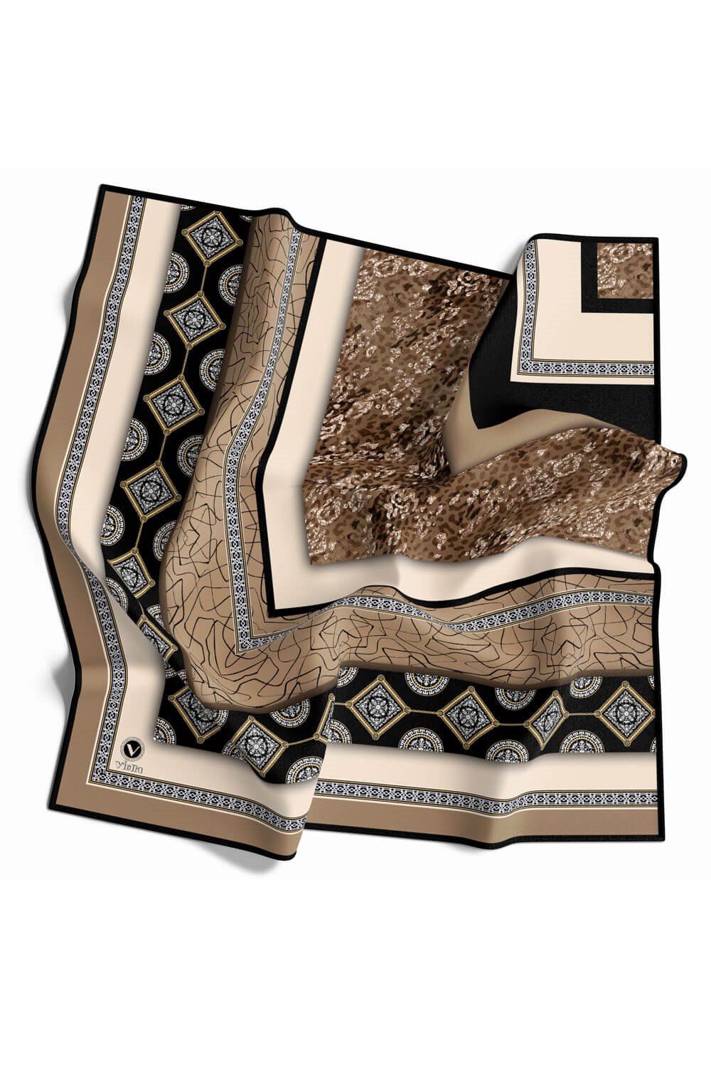 Twill Leopar ve Barok Desenli Bej Renkli 90x90 Eşarp (İpek İçermez) Dikim Şekli : El Dikişi