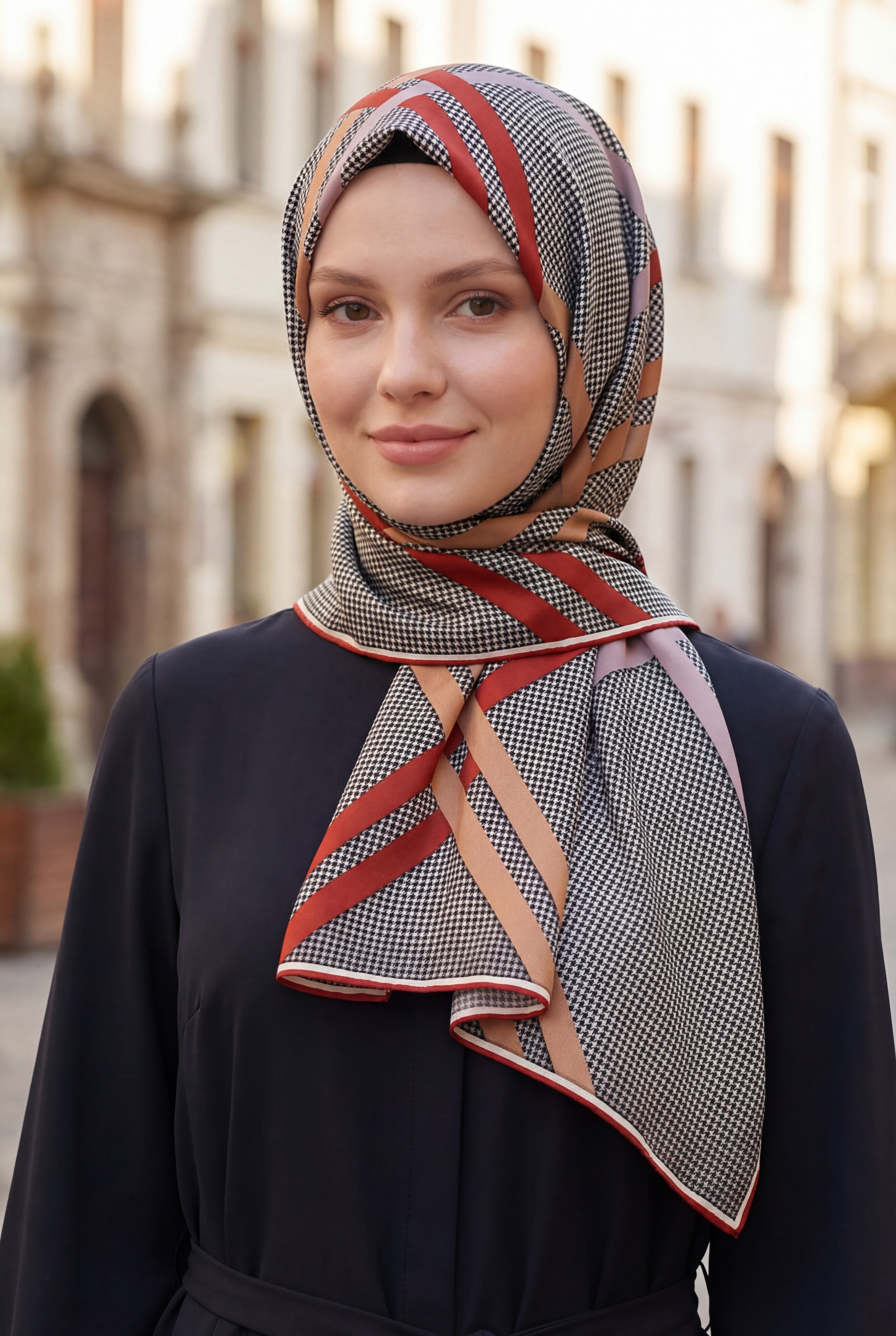 Twill Çizgili Pötikareli Çizgili Desenli Taba - Bej Renkli 90x90 Eşarp (İpek İçermez)