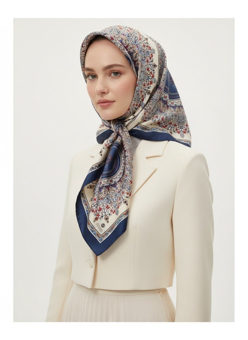 %100 Twill İpek Şal Desenli Lacivert Renkli 90x90 Eşarp Dikim Şekli : El Dikişi