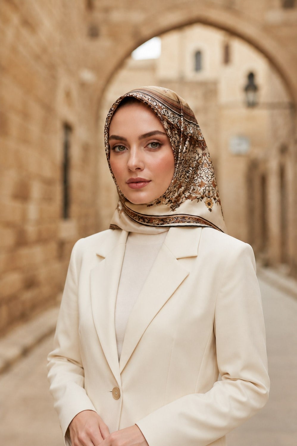 %100 Twill İpek Şal Desenli Bej Renkli 90x90 Eşarp Dikim Şekli : El Dikişi