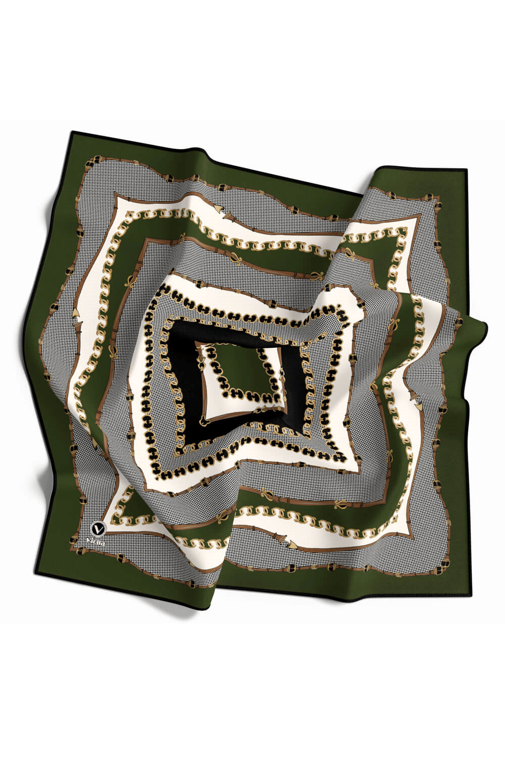 Twill Bordürlü ve Zincir Desenli Haki Renkli 90x90 Eşarp (İpek İçermez) Kenar Dikiş Şekli El Dikişli