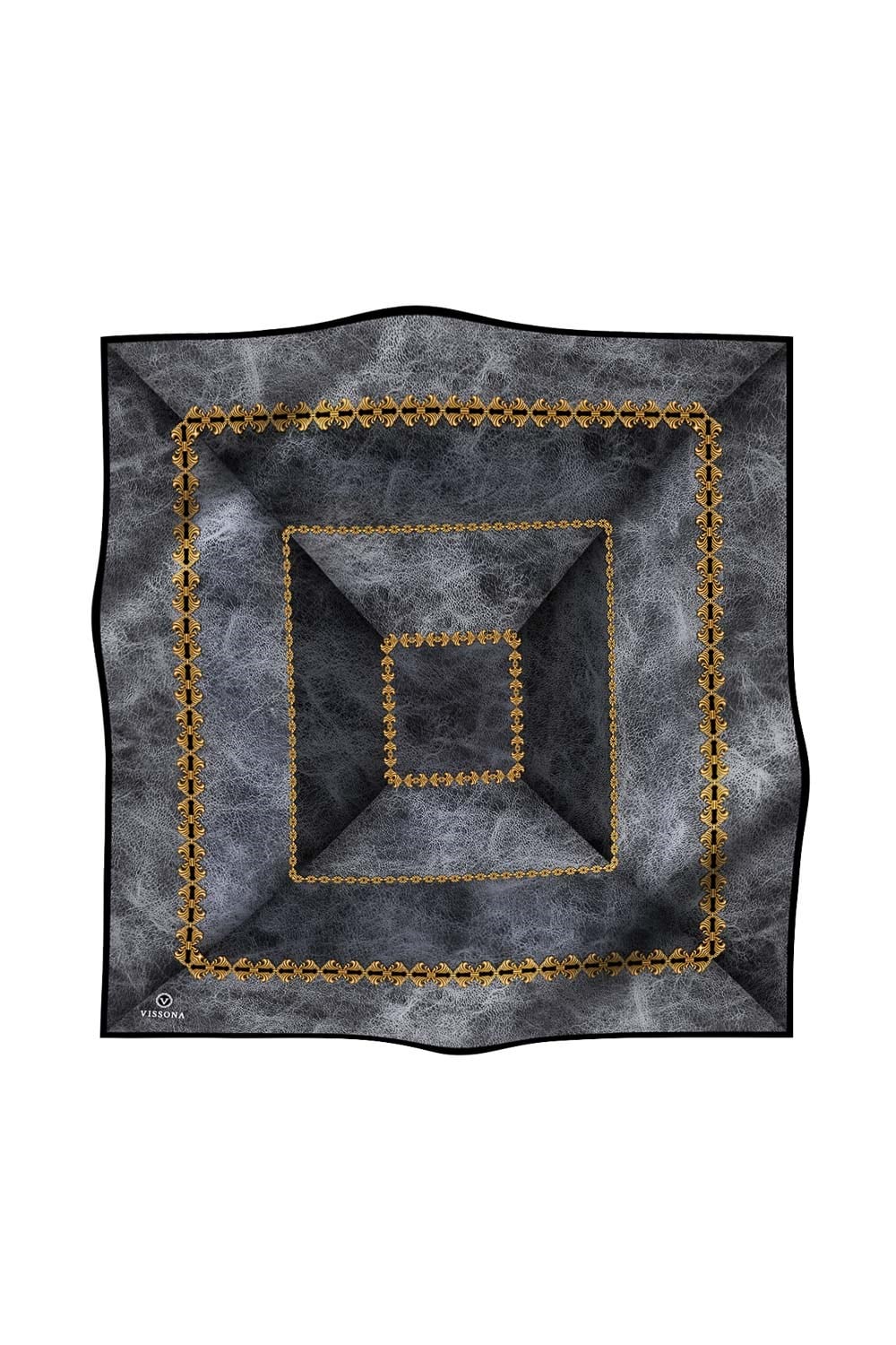 %100 Twill İpek Geometrik Desenli Gri - Siyah Renkli 90x90 Eşarp Dikim Şekli : El Dikişi
