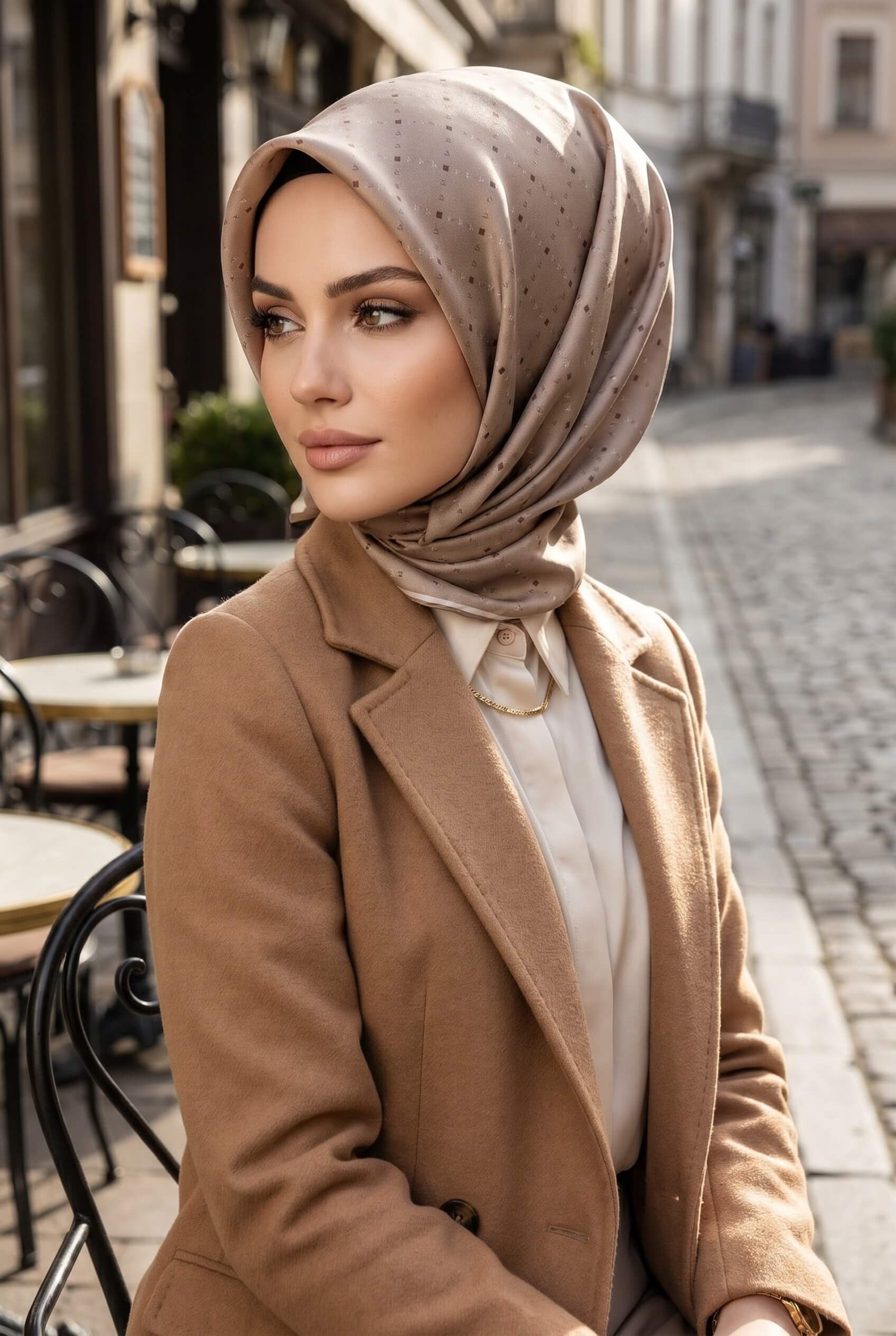 %100 Twill İpek Minik V Desenli Bej Renkli 90x90 Eşarp Dikim Şekli : El Dikişi
