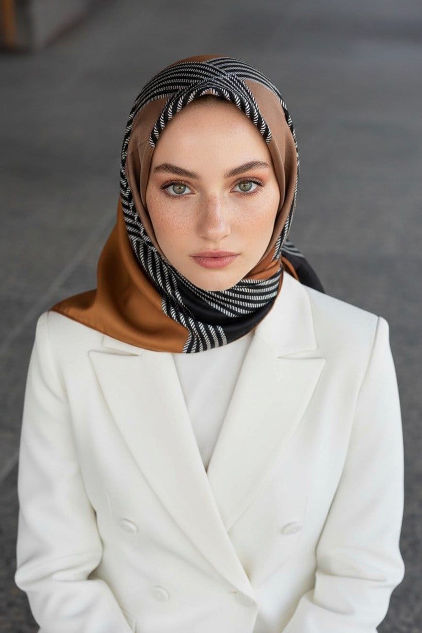 % 57 İPEK % 43 VİSKON Twill İpek Geometrik Desenli Hardal Renkli 90x90 Eşarp Dikim Şekli : El Dikişi