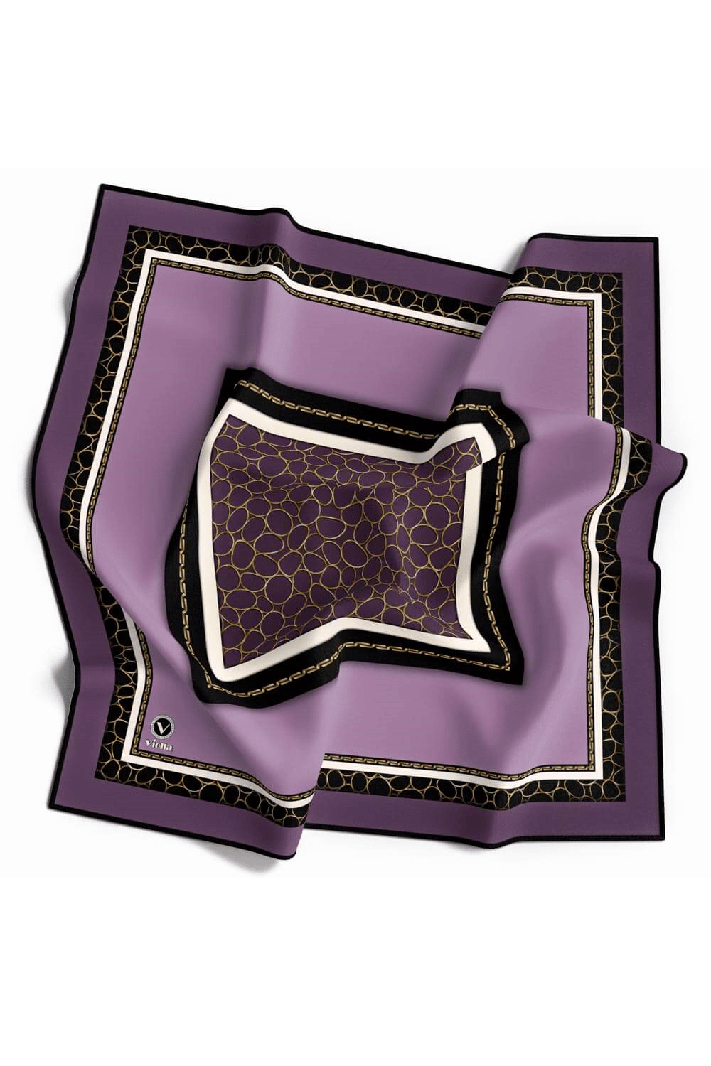 Twill Zincir Desenli Lila Renkli 90x90 Eşarp (İpek İçermez) Kenar Dikiş Şekli El Dikişli