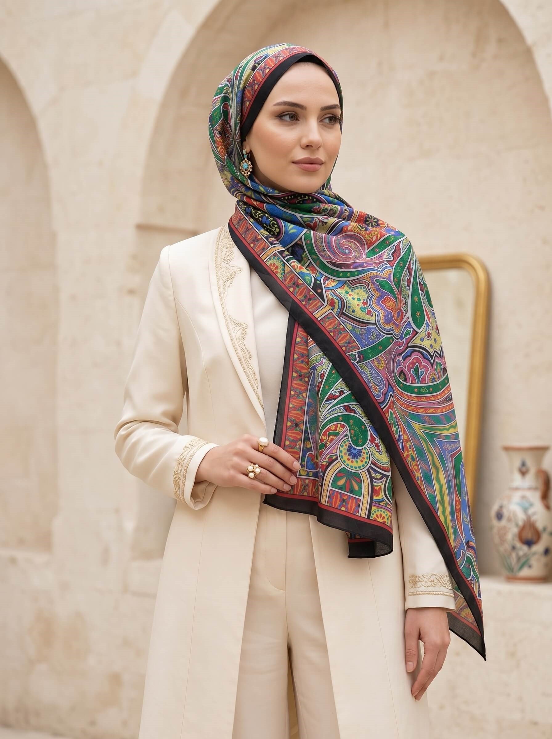 100% İpek Etro Desenli Siyah - Fıstık Yeşili Renkli 92x210 Şal